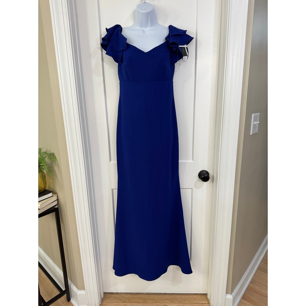 Betsy & Adam‎ Royal Blue Ruffle Sleeve V Neck Gown Formal Evening Dress Size 4